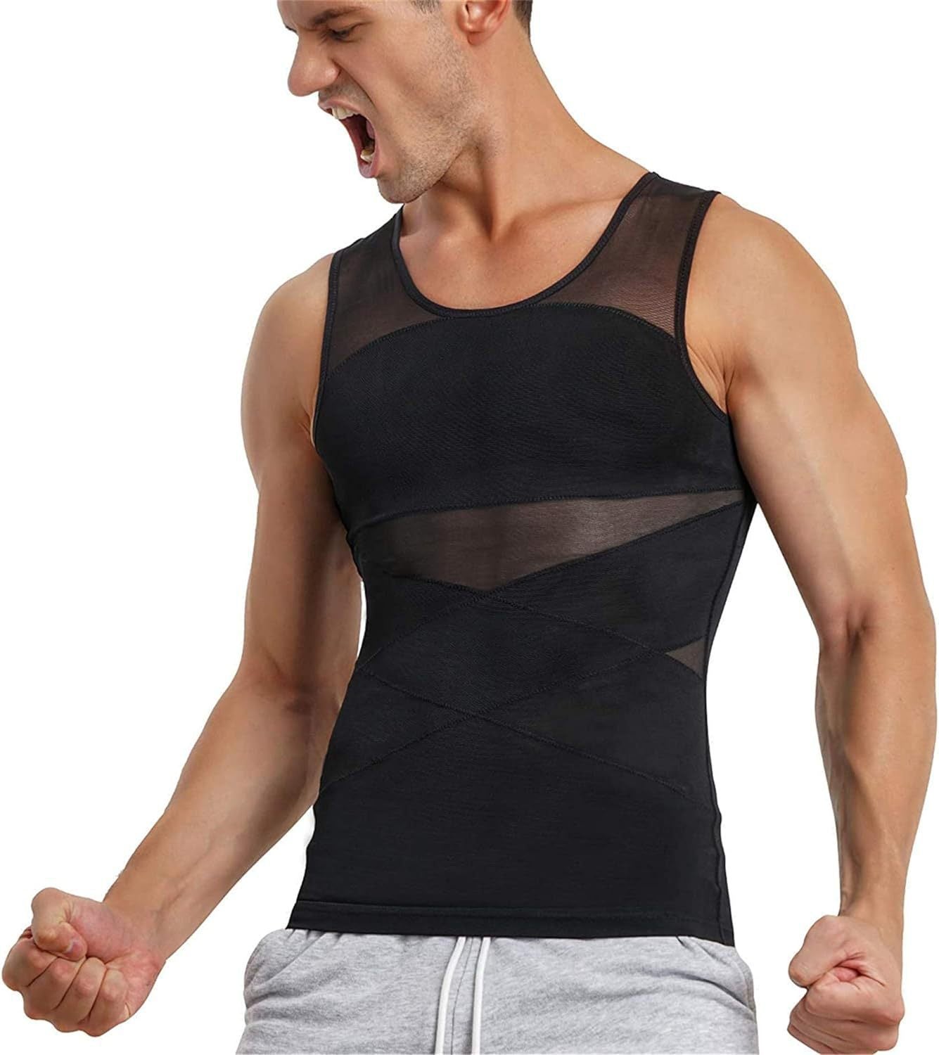 Men's body shaping top, double-layer mesh vest, waist and abdomen cinching fitness body shaping top